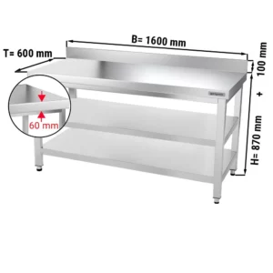 Nerezový pracovný stôl PREMIUM - 1600x600mm - so základnou policou, podstavcom a medzipoličkou
