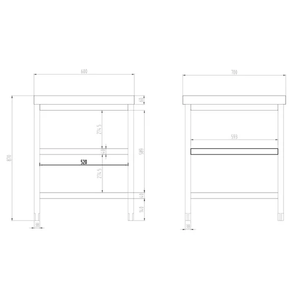 Nerezový pracovný stôl PREMIUM - 600x700mm - so základnou policou, podstavcom a medzipoličkou - Image 7