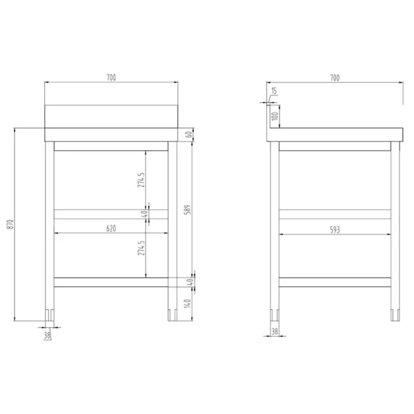 Nerezový pracovný stôl PREMIUM - 700 x 700 mm - so základnou policou, stojanom a medzipoličkou - Image 7