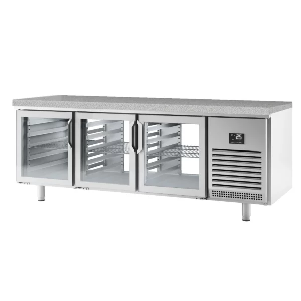 Pekársky chladiaci stôl Premium PLUS - 2185x800mm - so sklenenými dvierkami na oboch stranách a žulovou pracovnou doskou - Image 7