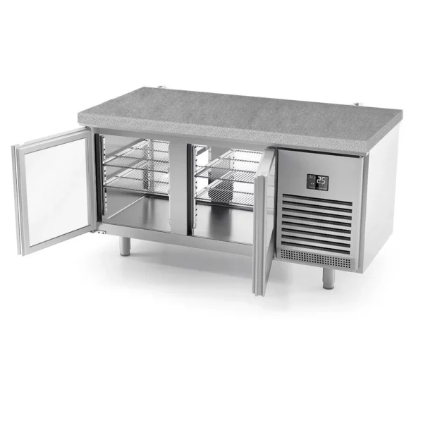 Pekársky chladiaci stôl Premium PLUS - 1618x800mm - so sklenenými dvierkami na oboch stranách a žulovou pracovnou doskou - Image 8