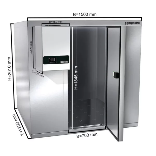 Chladiareň z nehrdzavejúcej ocele - 1500 x 1200 mm - 2,6 m3 - chladiaca jednotka
