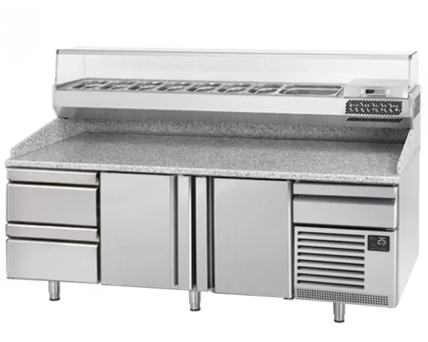 Chladiaci stôl na pizzu PREMIUM PLUS - 2305x800mm - s 2 dvierkami a 2 zásuvkami - vrátane chladiacej vitríny - 10x GN 1/3 - Image 10