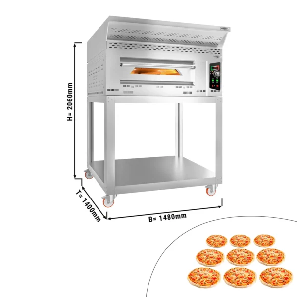 Plynová pec na pizzu - 9x 34 cm - manuálna - vrátane digestora, základného rámu a súpravy kolies