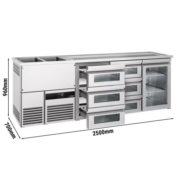 Pivný bar PREMIUM - 2500x700mm - 1 sklenené dvierka a 6 sklenených zásuviek