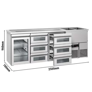 Pivný bar PREMIUM - 2500x700mm - 1 sklenené dvierka a 6 sklenených zásuviek