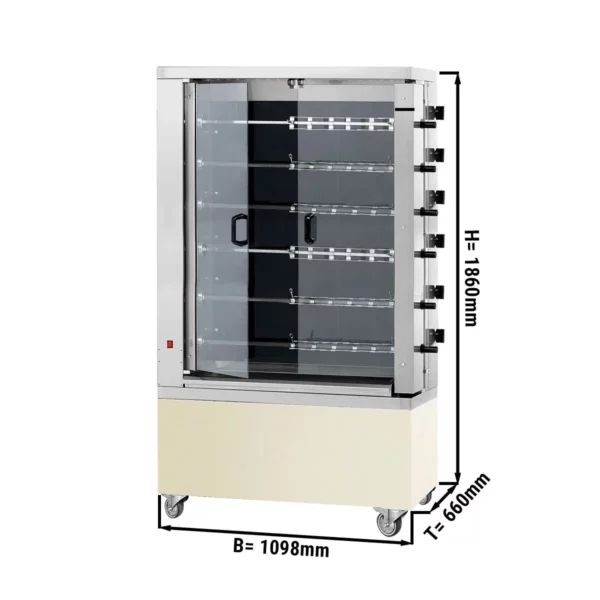 Sklokeramický elektrický gril na kurčatá PREMIUM s 11 ražňami pre 66 kurčiat - 1098 x 660 x 1860 mm