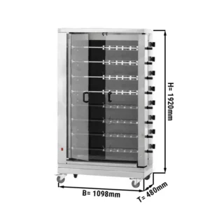 Sklokeramický elektrický gril na kurčatá PREMIUM s 8 ražňami pre 48 kurčiat - 1098 x 480 x 1920 mm