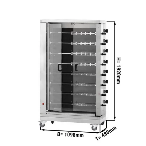 Sklokeramický elektrický gril na kurčatá PREMIUM s 8 ražňami pre 48 kurčiat - 1098 x 480 x 1920 mm