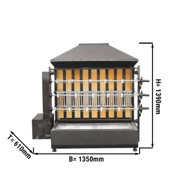 Gril na drevené uhlie s 3 ražňami pre 15 kurčiat - 1350 x 610 x 1390 mm