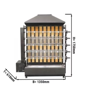 Gril na drevené uhlie s 5 ražňami pre 25 kurčiat - 1350 x 610 x 1750 mm