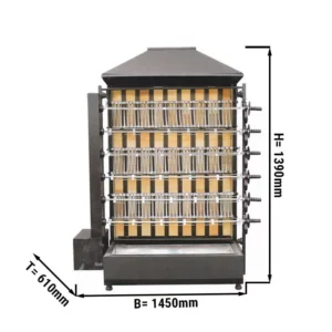 Gril na drevené uhlie so 6 ražňami pre 36 kurčiat - 1450 x 610 x 1930 mm