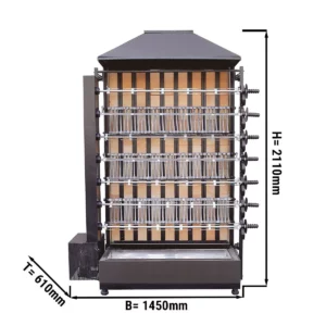 Gril na drevené uhlie so 7 ražňami pre 42 kurčiat - 1450 x 610 x 2110 mm