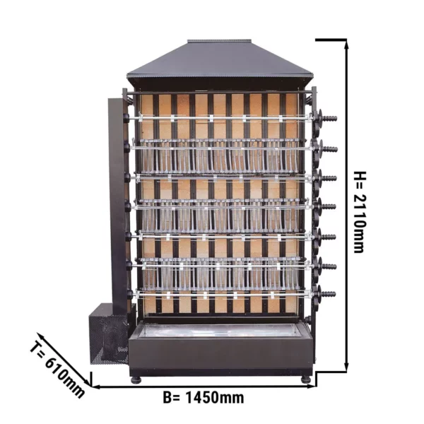 Gril na drevené uhlie so 7 ražňami pre 42 kurčiat - 1450 x 610 x 2110 mm