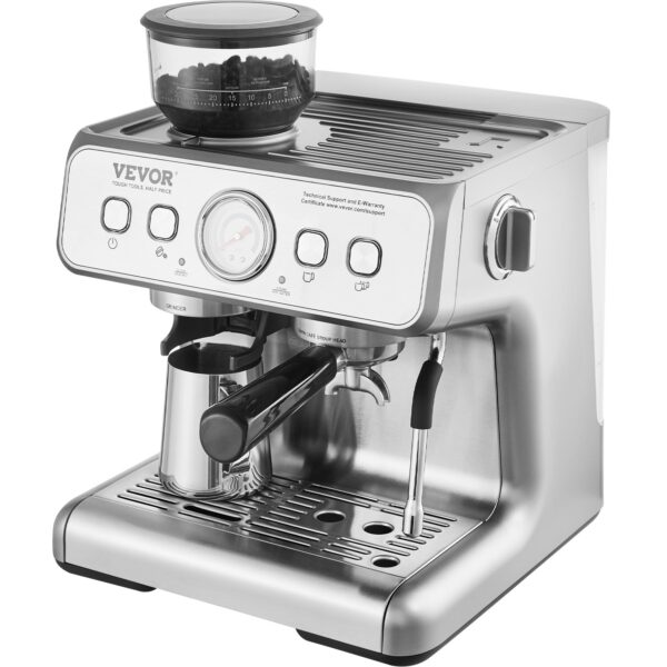 Espresso kávovar VEVOR s mlynčekom / 15 barový poloautomatický espresso stroj s napeňovačom mlieka, parnou tryskou, - Image 4