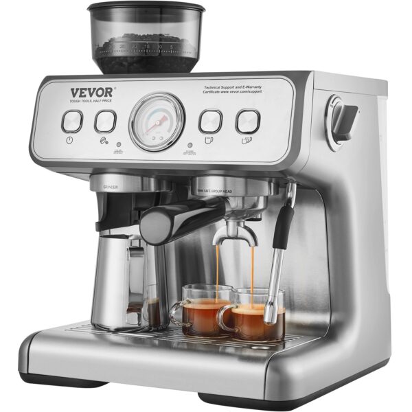 Espresso kávovar VEVOR s mlynčekom / 15 barový poloautomatický espresso stroj s napeňovačom mlieka, parnou tryskou,