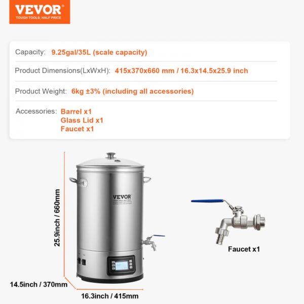 VEVOR nerezová varná kanvica na pivo 35 l, varná kanvica, príslušenstvo na varenie piva pre domácnosť, sada zariadení na varenie piva vrátane sklenenej pokrievky, rukoväte, kohútika, elektronický ovládací panel reklama - Image 7
