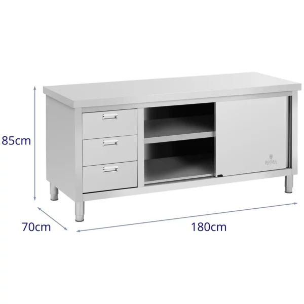 Nerezová pracovná skrinka - 180 x 70 x 85 cm - Royal Catering - nosnosť 600 kg 3 zásuvky - Image 2