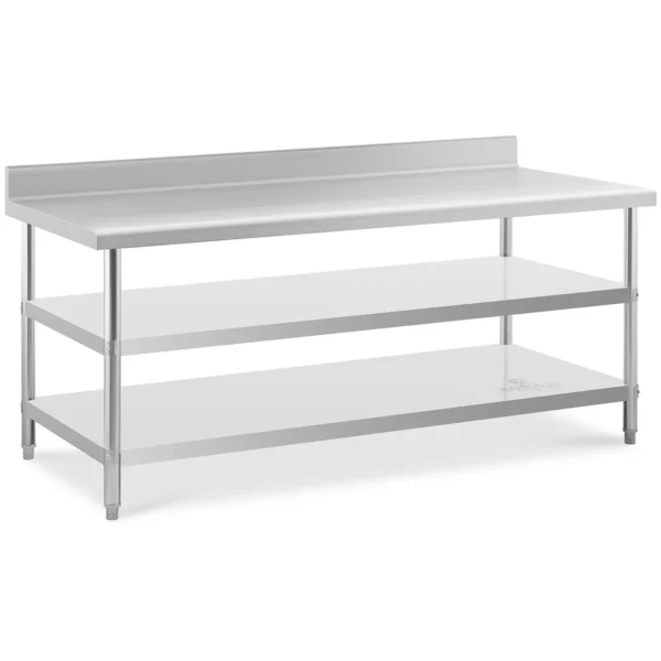 Pracovný stôl z nehrdzavejúcej ocele - s lemom - 200 x 90 x 16,5 cm - 240 kg - 2 police