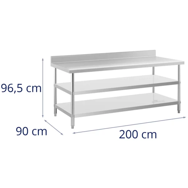 Pracovný stôl z nehrdzavejúcej ocele - s lemom - 200 x 90 x 16,5 cm - 240 kg - 2 police - Image 2