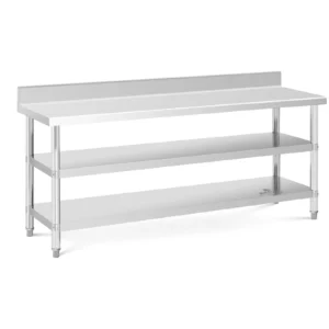 Pracovný stôl z nehrdzavejúcej ocele - s lemom - 200 x 60 x 16,5 cm - 235 kg - 2 police