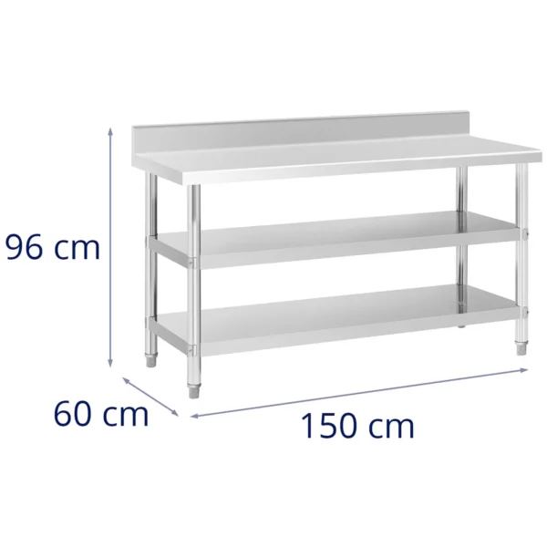 Pracovný stôl z nehrdzavejúcej ocele - s lemom - 150 x 60 x 16,5 cm - 226 kg - 2 police - Royal Catering - Image 2