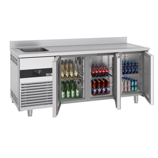 Chladiaci stôl PREMIUM - 1900x700mm - s 3 dvierkami, 1 umývadlom vľavo a podstavcom