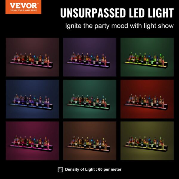 VEVOR Barový regál na víno LED osvetlenie nástenný 2-vrstvový 1524 mm displej - Image 2