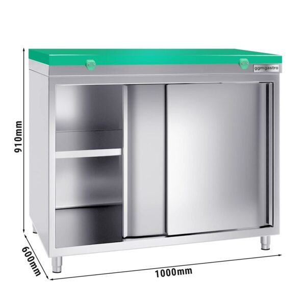 Nerezová pracovná skriňa PREMIUM - 1000x600mm - s posuvnými dverami bez podstavca vrátane reznej dosky