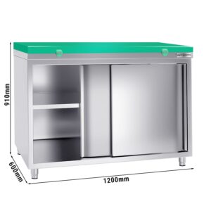 Nerezová pracovná skriňa PREMIUM - 1200x600mm - s posuvnými dverami bez podstavca vrátane reznej dosky