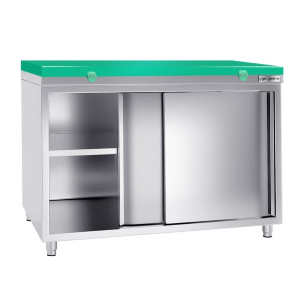 Nerezová pracovná skriňa PREMIUM - 1400x700mm - s posuvnými dverami bez podstavca vrátane reznej dosky - Image 2