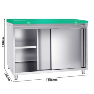 Nerezová pracovná skriňa PREMIUM - 1400x700mm - s posuvnými dverami bez podstavca vrátane reznej dosky