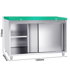 Nerezová pracovná skriňa PREMIUM - 1600x600mm - s posuvnými dverami bez podstavca vrátane reznej dosky