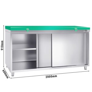 Nerezová pracovná skriňa PREMIUM - 2000x600mm - s posuvnými dverami bez podstavca vrátane reznej dosky