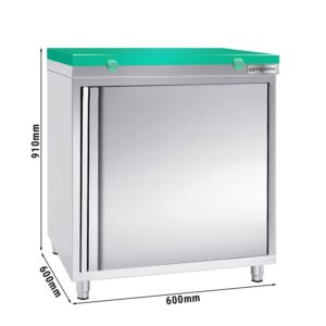 Nerezová pracovná skrinka PREMIUM - 600x600mm - s krídlovými dverami bez podstavca vrátane reznej dosky