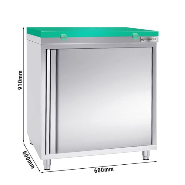 Nerezová pracovná skrinka PREMIUM - 600x600mm - s krídlovými dverami bez podstavca vrátane reznej dosky