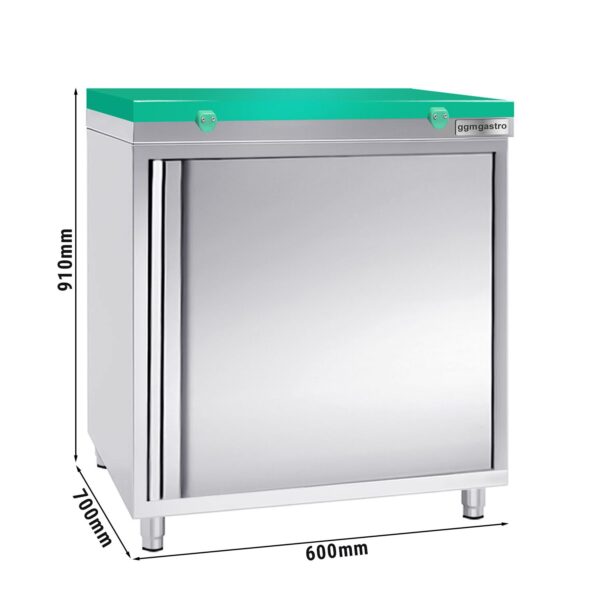 Nerezová pracovná skrinka PREMIUM - 600x700mm - s krídlovými dverami bez podstavca vrátane reznej dosky