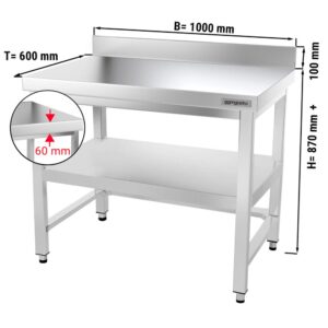 Nerezový pracovný stôl PREMIUM - 1000x600mm - s podnožou, podperou a podperou