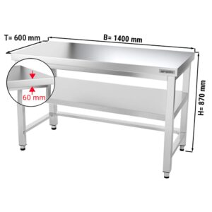 Nerezový pracovný stôl PREMIUM - 1400x600mm - s podnožou a vzperami