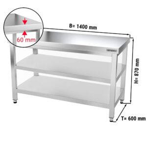 Nerezový pracovný stôl PREMIUM - 1400x600mm - so základnou policou a medzipoličkou