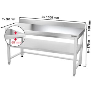Nerezový pracovný stôl PREMIUM - 1500x600mm - s podnožou, podperou a podperou