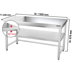 Nerezový pracovný stôl PREMIUM - 1500x600mm - s podnožou a vzperami