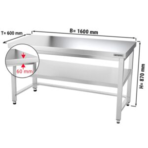 Nerezový pracovný stôl PREMIUM - 1600x600mm - s podnožou a vzperami
