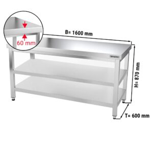 Nerezový pracovný stôl PREMIUM - 1600x600mm - so základnou policou a medzipoličkou