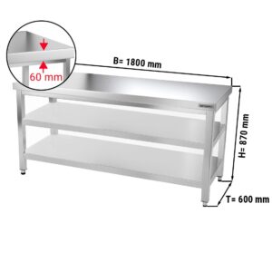 Nerezový pracovný stôl PREMIUM - 1800x600mm - so základnou policou a medzipoličkou