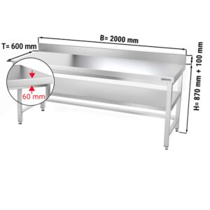 Nerezový pracovný stôl PREMIUM - 2000x600mm - s podnožou, podperou a podperou