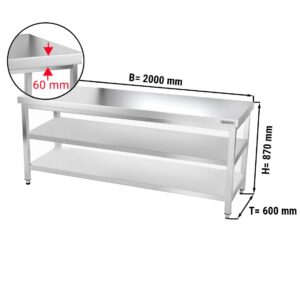 Nerezový pracovný stôl PREMIUM - 2000x600mm - so základnou policou a medzipoličkou