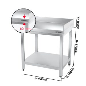 Nerezový pracovný stôl PREMIUM - 600x600mm - so základnou policou a podstavcom vzadu + vpravo