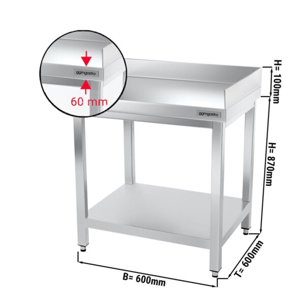 Nerezový pracovný stôl PREMIUM - 600x600mm - so základnou policou a podstavcom vzadu + vpravo