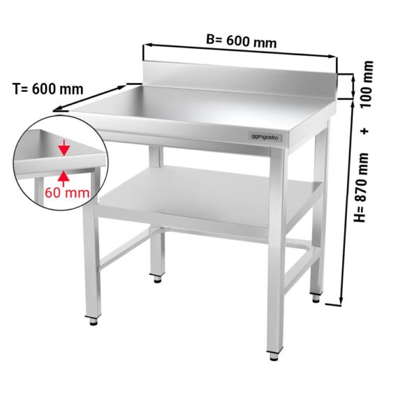 Nerezový pracovný stôl PREMIUM - 600x600mm - s podnožou, podperou a podperou